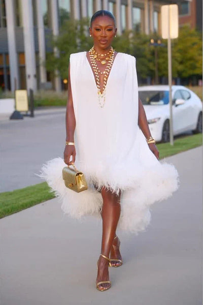 Elegant Sleeveless White Feather Patchwork Irregular Hem Midi Dress