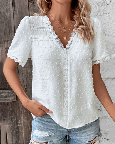 Frances | White Textured V-Neck Summer Blouse