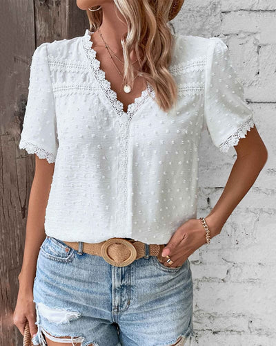 Frances | White Textured V-Neck Summer Blouse